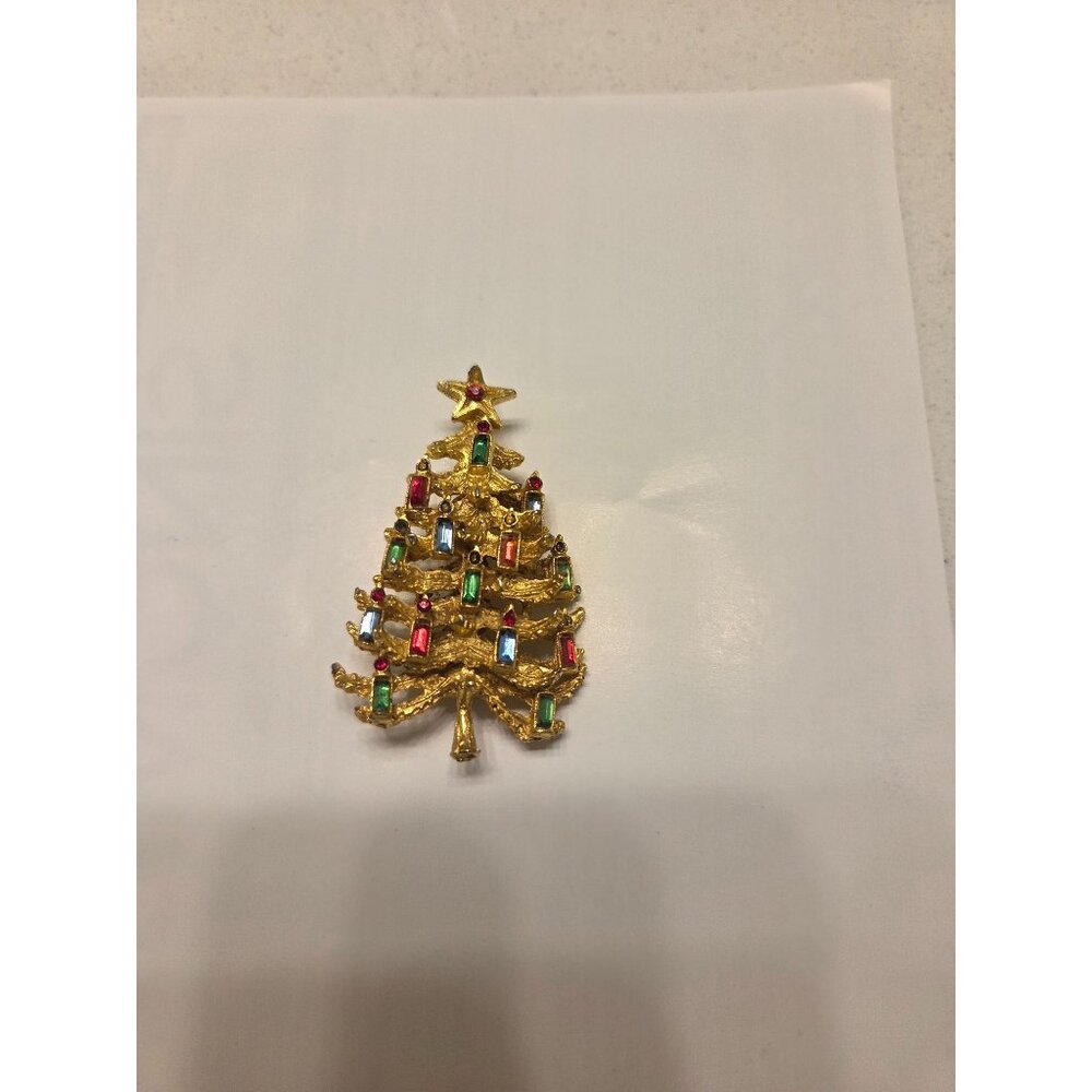VTG Christmas Tree Brooch Pin Rhinestones gold tone Holiday Jewelry Classic - Picture 5 of 6